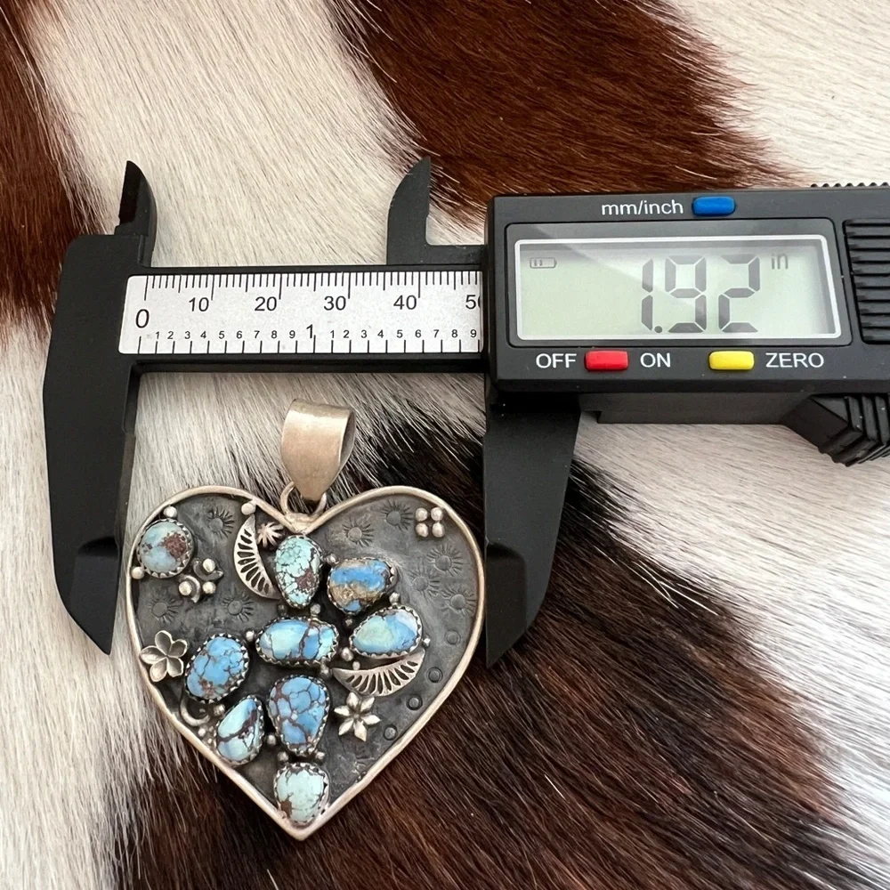 ❤️ Huge Golden Hills Turquoise Navajo Style Matte Sterling Heart Pendant 2.23”L